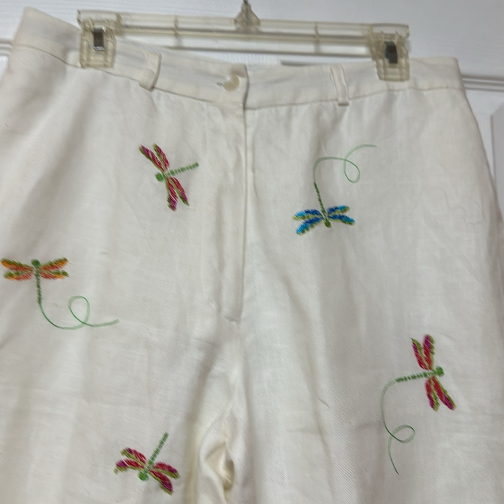 Jillian Jones white linen pants with embroidered dragonflies, size12